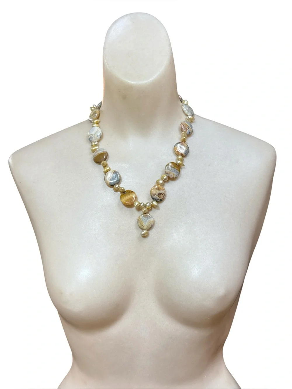 Vintage Sterling Silver Crazy Lace Agate & Freshwater Pearl Statement Necklace